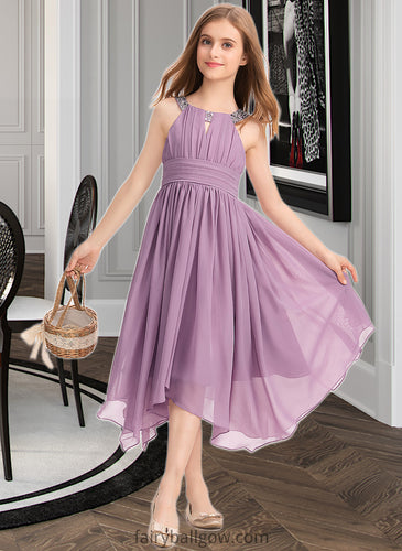 Diamond A-Line Scoop Neck Tea-Length Chiffon Junior Bridesmaid Dress With Ruffle Beading Bow(s) XXCP0013406