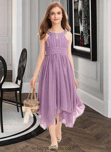 Diamond A-Line Scoop Neck Tea-Length Chiffon Junior Bridesmaid Dress With Ruffle Beading Bow(s) XXCP0013406