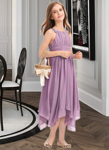 Diamond A-Line Scoop Neck Tea-Length Chiffon Junior Bridesmaid Dress With Ruffle Beading Bow(s) XXCP0013406