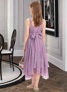 Diamond A-Line Scoop Neck Tea-Length Chiffon Junior Bridesmaid Dress With Ruffle Beading Bow(s) XXCP0013406