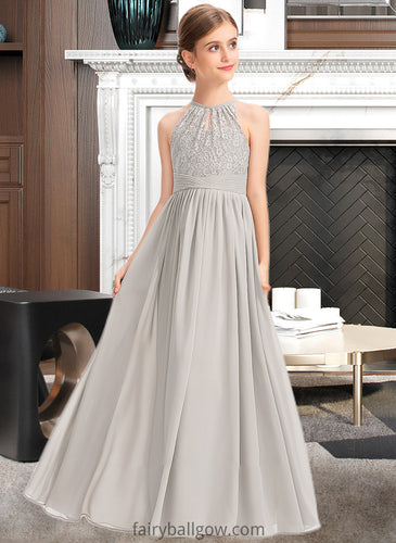 Nia A-Line Scoop Neck Floor-Length Chiffon Lace Junior Bridesmaid Dress With Ruffle XXCP0013409