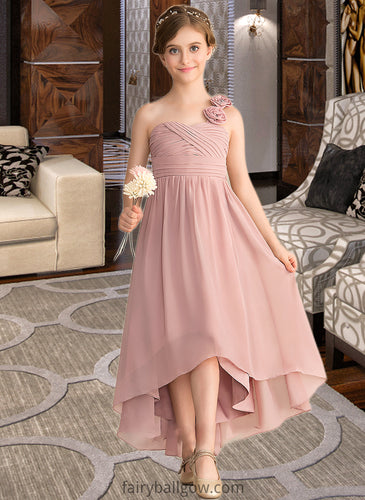 Maren A-Line One-Shoulder Asymmetrical Chiffon Junior Bridesmaid Dress With Ruffle Flower(s) Bow(s) XXCP0013410