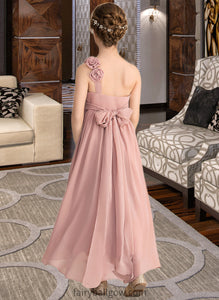 Maren A-Line One-Shoulder Asymmetrical Chiffon Junior Bridesmaid Dress With Ruffle Flower(s) Bow(s) XXCP0013410