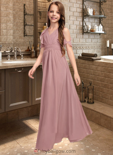 Nataly A-Line V-neck Floor-Length Chiffon Junior Bridesmaid Dress With Cascading Ruffles XXCP0013413