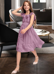 Rebekah A-Line Scoop Neck Knee-Length Chiffon Junior Bridesmaid Dress With Bow(s) Cascading Ruffles XXCP0013426