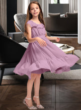 Load image into Gallery viewer, Rebekah A-Line Scoop Neck Knee-Length Chiffon Junior Bridesmaid Dress With Bow(s) Cascading Ruffles XXCP0013426