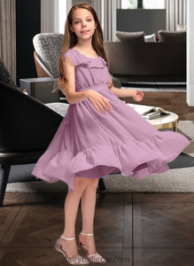 Rebekah A-Line Scoop Neck Knee-Length Chiffon Junior Bridesmaid Dress With Bow(s) Cascading Ruffles XXCP0013426