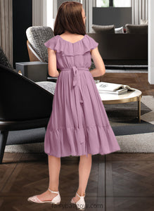 Rebekah A-Line Scoop Neck Knee-Length Chiffon Junior Bridesmaid Dress With Bow(s) Cascading Ruffles XXCP0013426