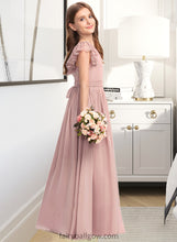 Load image into Gallery viewer, Katelynn A-Line Scoop Neck Floor-Length Chiffon Lace Junior Bridesmaid Dress With Bow(s) XXCP0013429