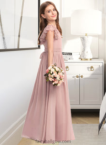 Katelynn A-Line Scoop Neck Floor-Length Chiffon Lace Junior Bridesmaid Dress With Bow(s) XXCP0013429