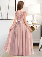 Load image into Gallery viewer, Katelynn A-Line Scoop Neck Floor-Length Chiffon Lace Junior Bridesmaid Dress With Bow(s) XXCP0013429