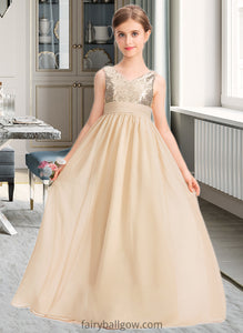 Ashlynn A-Line V-neck Floor-Length Chiffon Sequined Junior Bridesmaid Dress With Ruffle XXCP0013430