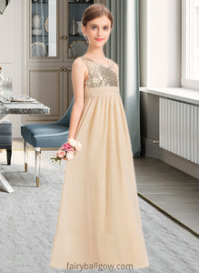 Ashlynn A-Line V-neck Floor-Length Chiffon Sequined Junior Bridesmaid Dress With Ruffle XXCP0013430