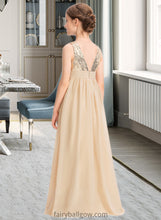 Load image into Gallery viewer, Ashlynn A-Line V-neck Floor-Length Chiffon Sequined Junior Bridesmaid Dress With Ruffle XXCP0013430