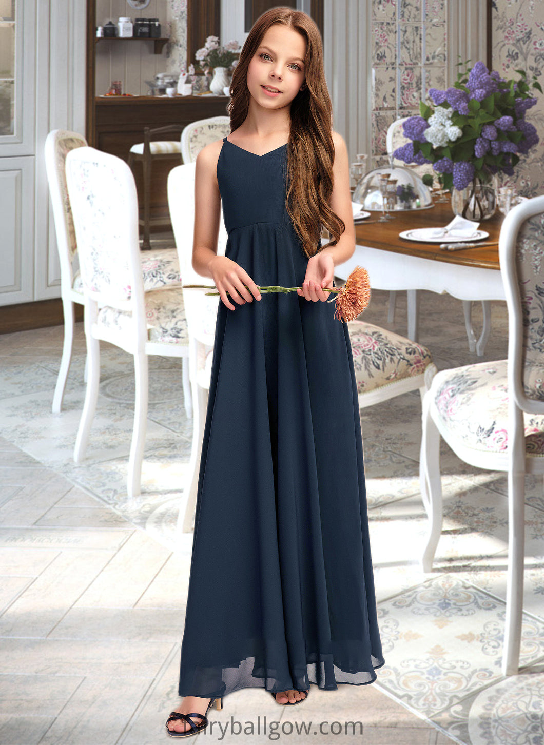 Erika A-Line V-neck Floor-Length Chiffon Junior Bridesmaid Dress With Bow(s) XXCP0013432