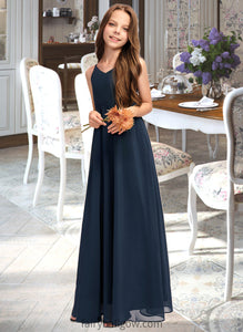 Erika A-Line V-neck Floor-Length Chiffon Junior Bridesmaid Dress With Bow(s) XXCP0013432