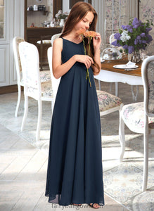 Erika A-Line V-neck Floor-Length Chiffon Junior Bridesmaid Dress With Bow(s) XXCP0013432