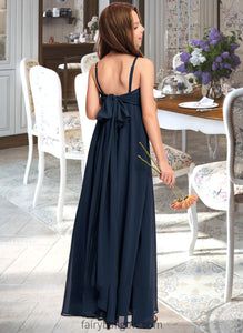 Erika A-Line V-neck Floor-Length Chiffon Junior Bridesmaid Dress With Bow(s) XXCP0013432