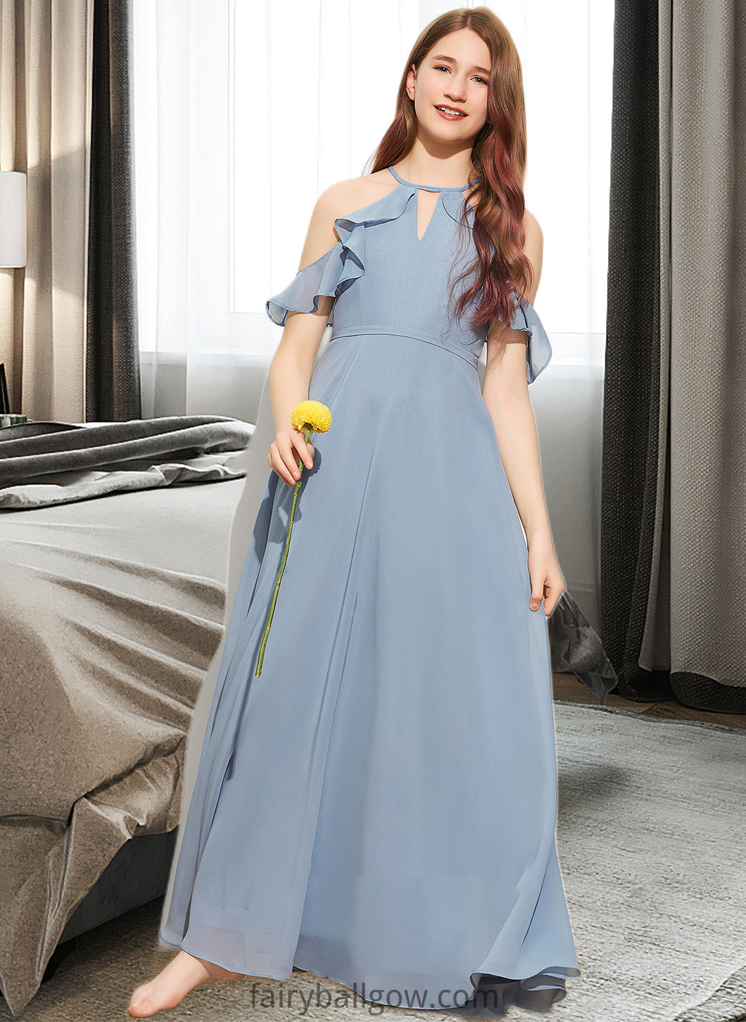 Sanaa A-Line Scoop Neck Floor-Length Chiffon Junior Bridesmaid Dress With Bow(s) Cascading Ruffles XXCP0013433