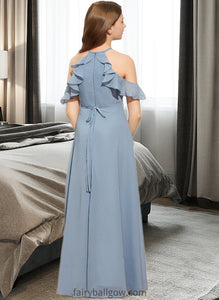 Sanaa A-Line Scoop Neck Floor-Length Chiffon Junior Bridesmaid Dress With Bow(s) Cascading Ruffles XXCP0013433