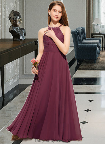 Heidi A-Line Square Neckline Floor-Length Chiffon Lace Junior Bridesmaid Dress XXCP0013434