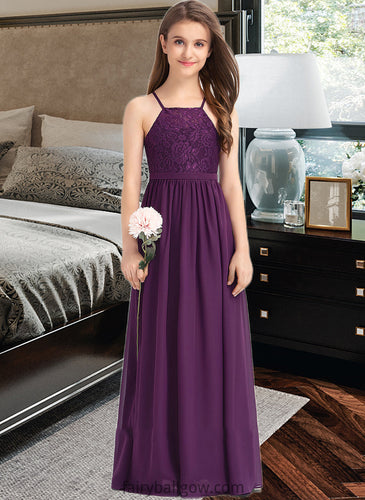 Martina A-Line Square Neckline Floor-Length Chiffon Lace Junior Bridesmaid Dress With Bow(s) XXCP0013438