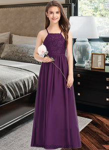 Martina A-Line Square Neckline Floor-Length Chiffon Lace Junior Bridesmaid Dress With Bow(s) XXCP0013438