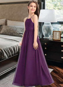 Martina A-Line Square Neckline Floor-Length Chiffon Lace Junior Bridesmaid Dress With Bow(s) XXCP0013438