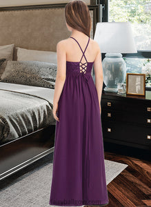 Martina A-Line Square Neckline Floor-Length Chiffon Lace Junior Bridesmaid Dress With Bow(s) XXCP0013438