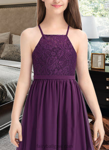 Martina A-Line Square Neckline Floor-Length Chiffon Lace Junior Bridesmaid Dress With Bow(s) XXCP0013438