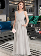 Load image into Gallery viewer, Amiya A-Line V-neck Floor-Length Chiffon Junior Bridesmaid Dress With Pockets XXCP0013446