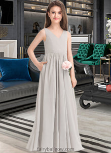 Amiya A-Line V-neck Floor-Length Chiffon Junior Bridesmaid Dress With Pockets XXCP0013446