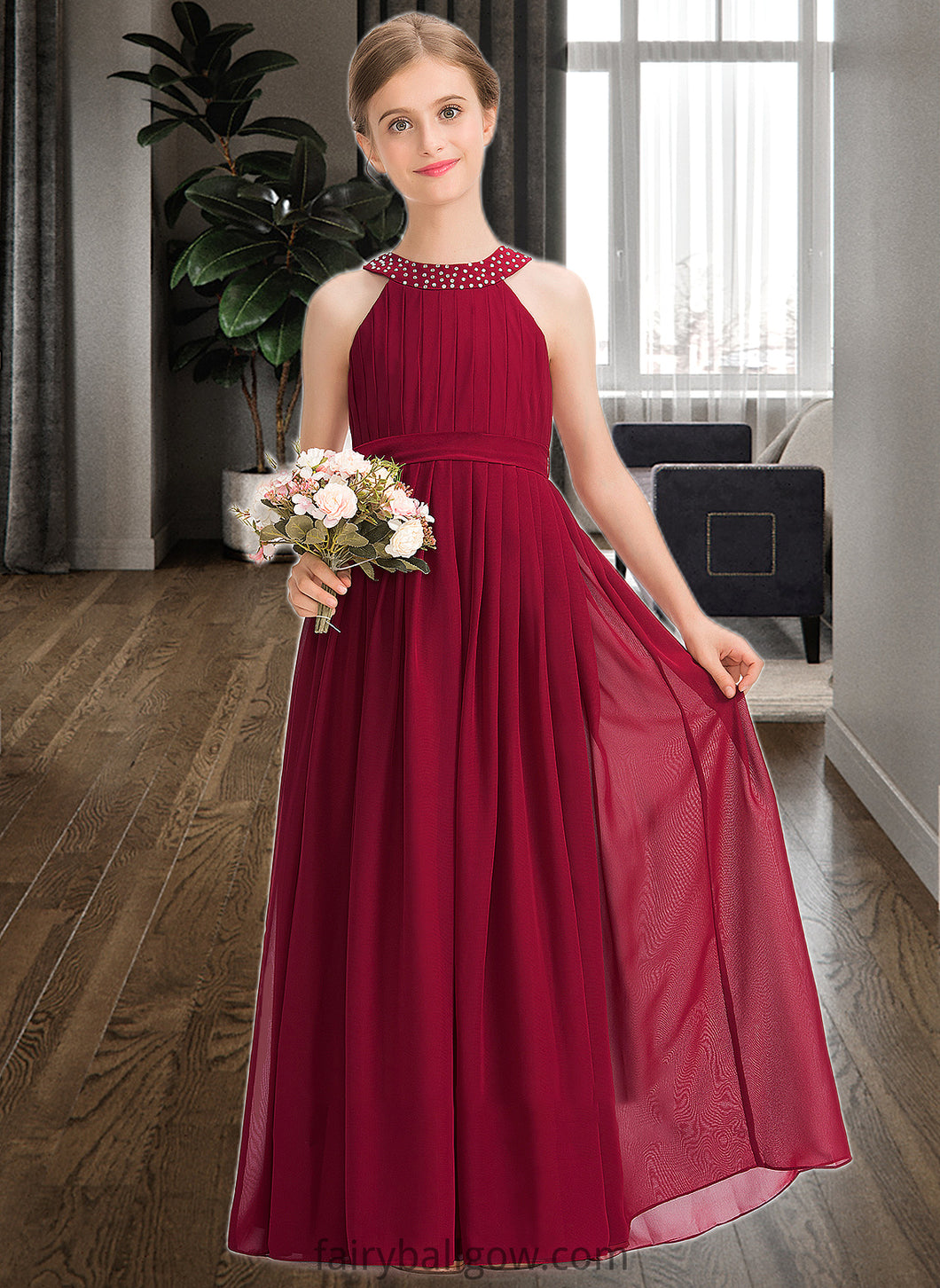 Kaylah A-Line Scoop Neck Floor-Length Chiffon Junior Bridesmaid Dress With Ruffle Beading Bow(s) XXCP0013447