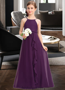 Gabriella A-Line Scoop Neck Floor-Length Chiffon Junior Bridesmaid Dress With Bow(s) Cascading Ruffles XXCP0013448