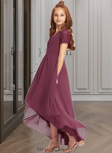 Daphne A-Line V-neck Asymmetrical Chiffon Lace Junior Bridesmaid Dress With Ruffle XXCP0013453