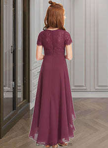 Daphne A-Line V-neck Asymmetrical Chiffon Lace Junior Bridesmaid Dress With Ruffle XXCP0013453