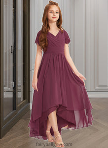 Daphne A-Line V-neck Asymmetrical Chiffon Lace Junior Bridesmaid Dress With Ruffle XXCP0013453