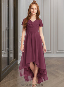 Daphne A-Line V-neck Asymmetrical Chiffon Lace Junior Bridesmaid Dress With Ruffle XXCP0013453