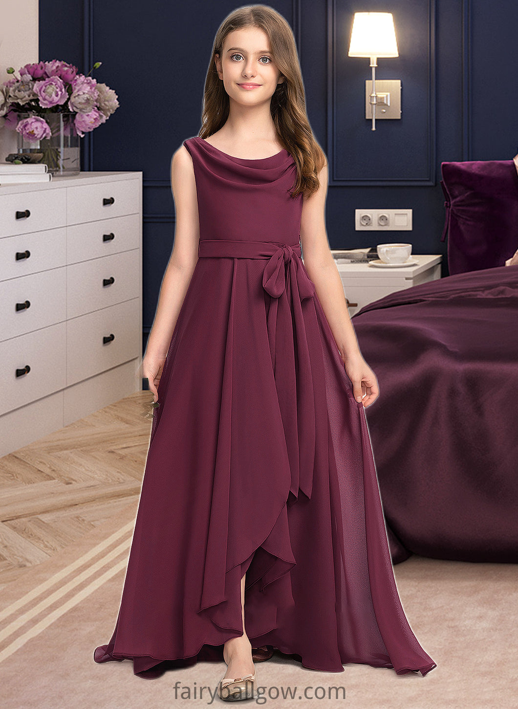 Brittany A-Line Cowl Neck Asymmetrical Chiffon Junior Bridesmaid Dress With Bow(s) XXCP0013454