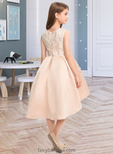 Load image into Gallery viewer, Jane A-Line Scoop Neck Asymmetrical Satin Lace Junior Bridesmaid Dress With Beading Pockets XXCP0013455