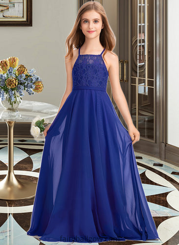 Renee A-Line Square Neckline Floor-Length Chiffon Lace Junior Bridesmaid Dress XXCP0013457