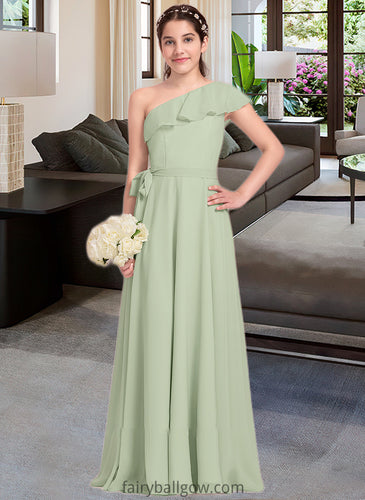 Adriana A-Line One-Shoulder Floor-Length Chiffon Junior Bridesmaid Dress With Cascading Ruffles XXCP0013458