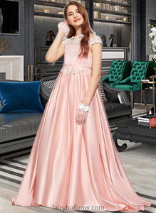 Yaretzi Ball-Gown/Princess Off-the-Shoulder Sweep Train Satin Lace Junior Bridesmaid Dress XXCP0013460