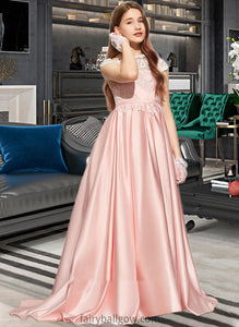 Yaretzi Ball-Gown/Princess Off-the-Shoulder Sweep Train Satin Lace Junior Bridesmaid Dress XXCP0013460