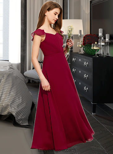 Angela A-Line V-neck Floor-Length Chiffon Junior Bridesmaid Dress With Ruffle XXCP0013461