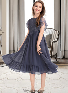 Mariana A-Line Scoop Neck Knee-Length Chiffon Lace Junior Bridesmaid Dress With Cascading Ruffles XXCP0013462