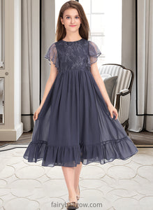 Mariana A-Line Scoop Neck Knee-Length Chiffon Lace Junior Bridesmaid Dress With Cascading Ruffles XXCP0013462