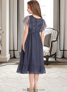 Mariana A-Line Scoop Neck Knee-Length Chiffon Lace Junior Bridesmaid Dress With Cascading Ruffles XXCP0013462