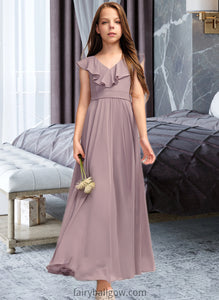 Felicity A-Line V-neck Floor-Length Chiffon Junior Bridesmaid Dress With Cascading Ruffles XXCP0013464