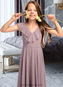 Felicity A-Line V-neck Floor-Length Chiffon Junior Bridesmaid Dress With Cascading Ruffles XXCP0013464